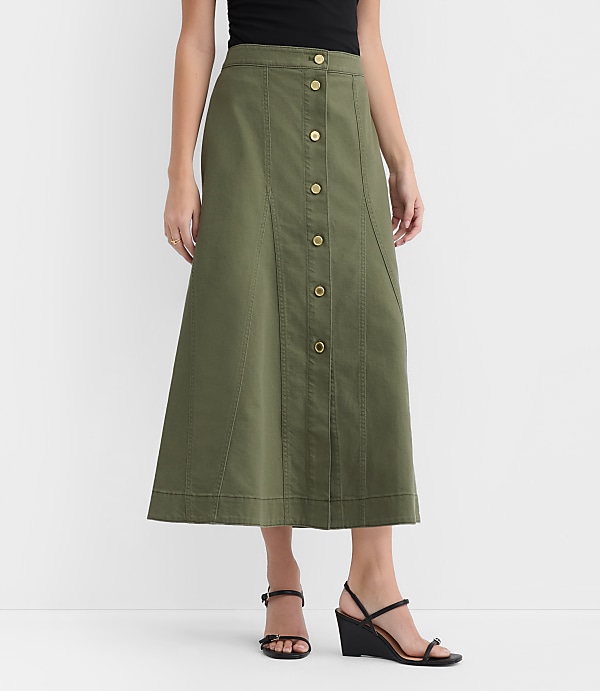 Twill Godet Button Midi Skirt
