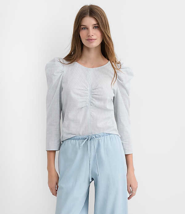 Stripe Ruched Puff Sleeve Top