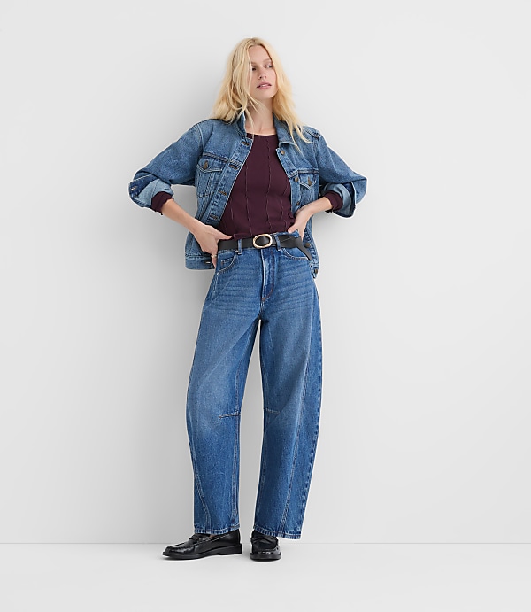 Rivete Seamed High Rise Barrel Jeans in Dark Wash