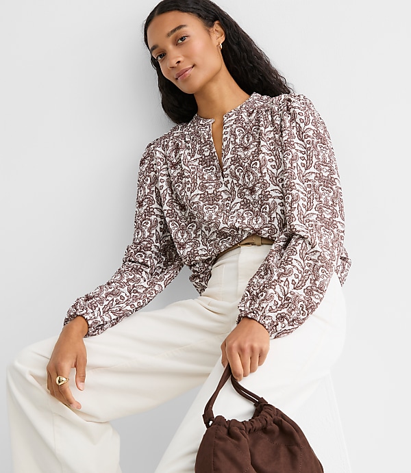 Petite Lace Garden Crinkle Knit Split Neck Blouse