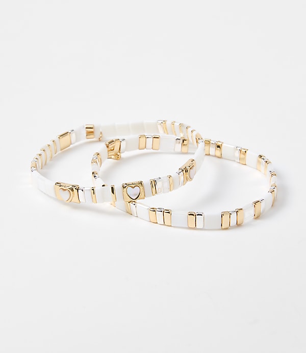 Heart Mother Of Pearl Chicklet Bracelet Set