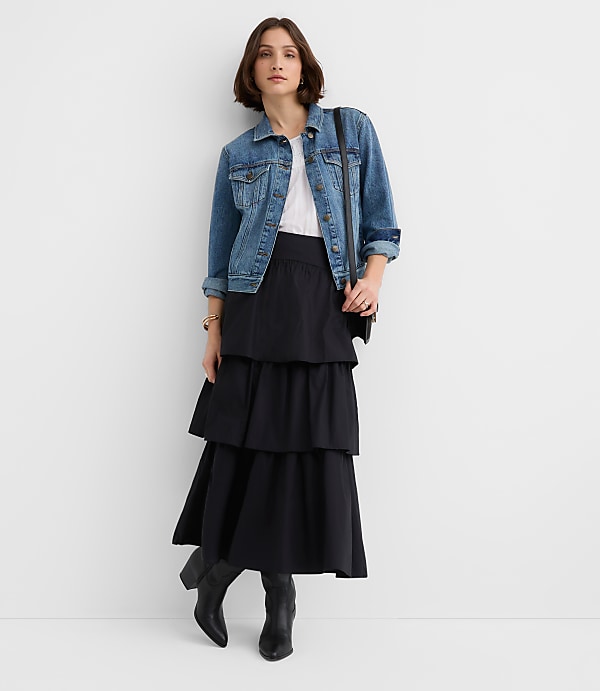 Yoke Poplin Ruffle Tiered Midi Skirt