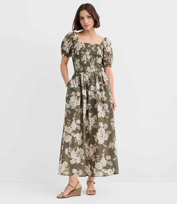 Floral Smocked Puff Sleeve Midi Dress