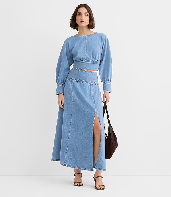 Yoke Full Denim Maxi Skirt in Light Wash Indigo