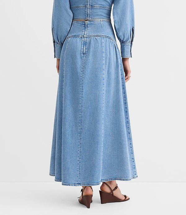Yoke Full Denim Maxi Skirt in Light Wash Indigo