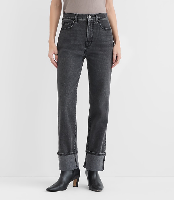 Rivete Petite Cuffed High Rise Straight Jeans in Noir Wash