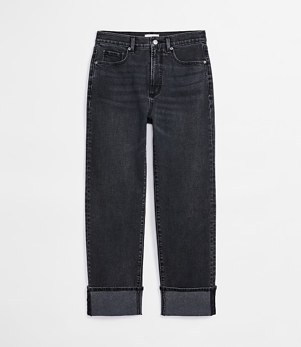 Rivete Petite Cuffed High Rise Straight Jeans in Noir Wash