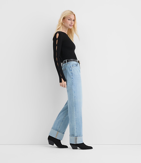 Rivete Petite Cuffed Mid Rise Relaxed Straight Jeans in Light Wash