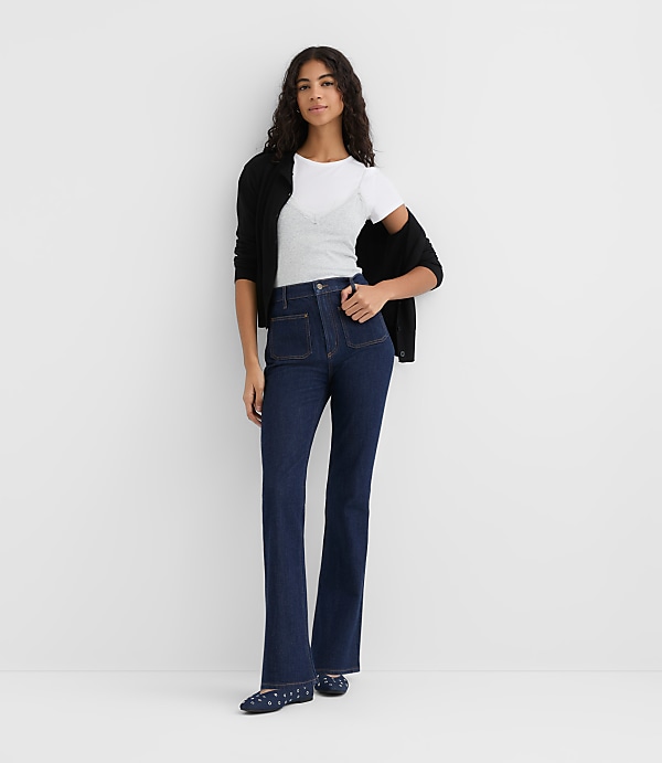 Rivete Petite Patch Pocket High Rise Slim Flare Jeans in Classic Rinse Wash