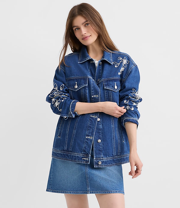 Petite Floral Embroidered Oversized Denim Trucker Jacket in Bright Indigo Wash