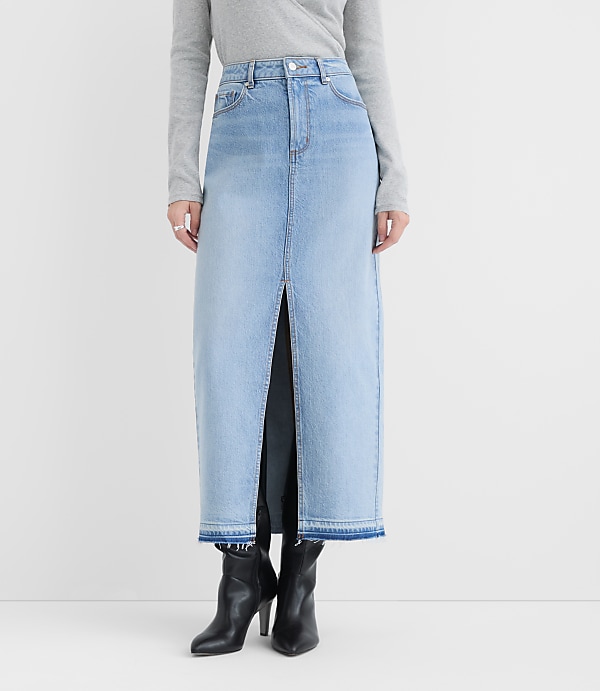 Rivete Tall Front Slit Denim Maxi Skirt in Vintage Light Wash