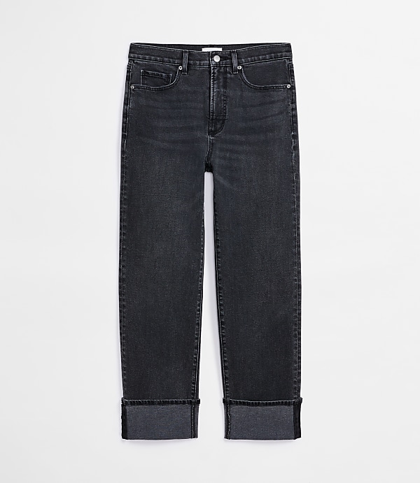 Rivete Tall Curvy Cuffed High Rise Straight Jeans in Noir Wash