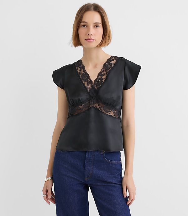 Petite Floral Lace Satin V-Neck Top