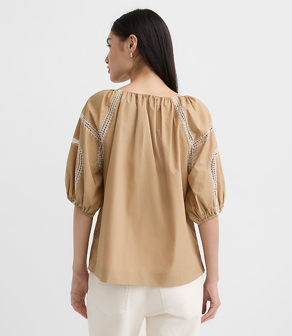 Petite Embroidered Poplin Puff Sleeve Blouse