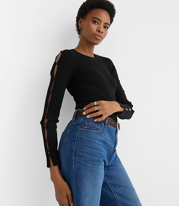 Petite Button Sleeve Ribbed Sweater