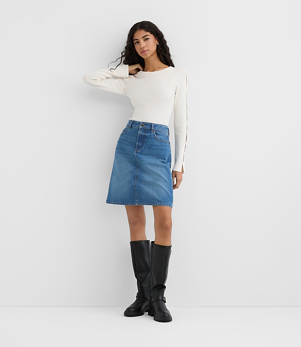 Rivete Petite Denim Skirt in Vintage Mid Wash