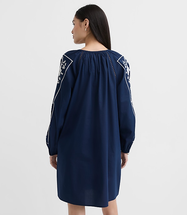 Petite Floral Embroidered Split Neck Mini Pocket Dress