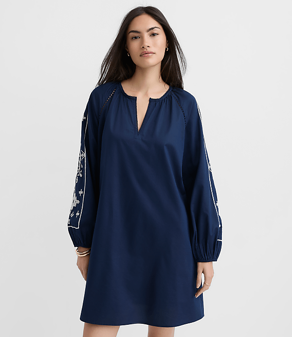 Tall Floral Embroidered Split Neck Mini Pocket Dress