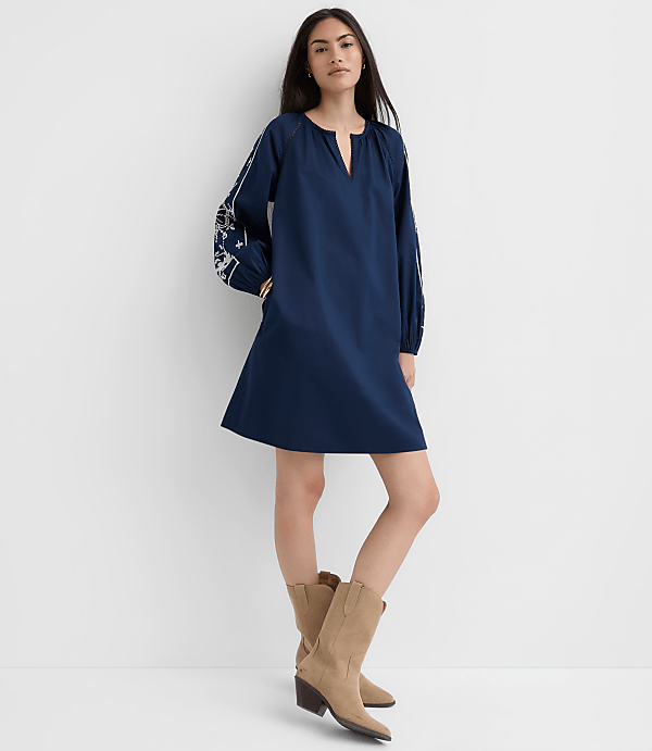 Tall Floral Embroidered Split Neck Mini Pocket Dress