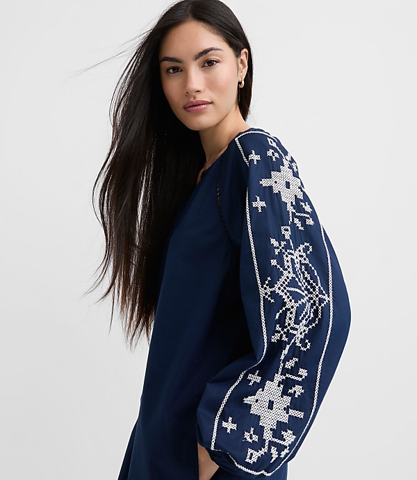 Floral Embroidered Split Neck Mini Pocket Dress