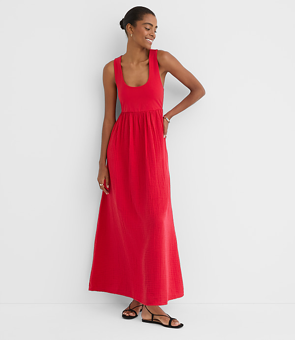 Petite LOFT Beach Triple Cloth Mixed Media Maxi Pocket Dress