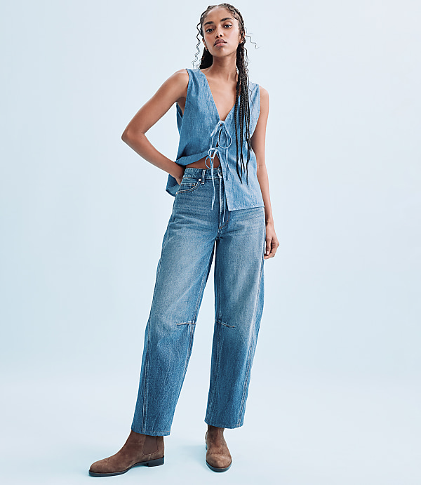 Rivete Seamed High Rise Barrel Jeans in Dark Wash