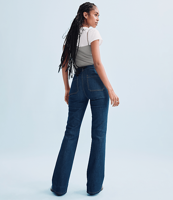 Rivete Tall Patch Pocket High Rise Slim Flare Jeans in Classic Rinse Wash