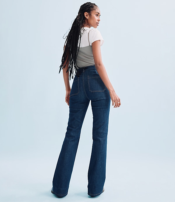 Rivete Petite Patch Pocket High Rise Slim Flare Jeans in Classic Rinse Wash