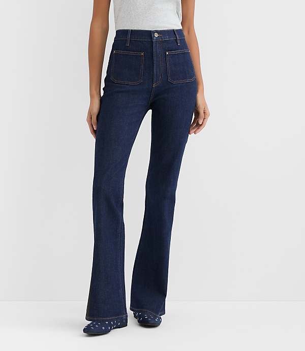 Rivete Short Patch Pocket High Rise Slim Flare Jeans in Classic Rinse Wash