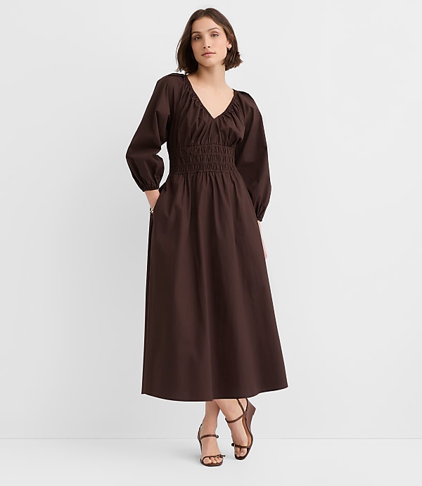 Tall Poplin Smocked Midi Pocket Dress