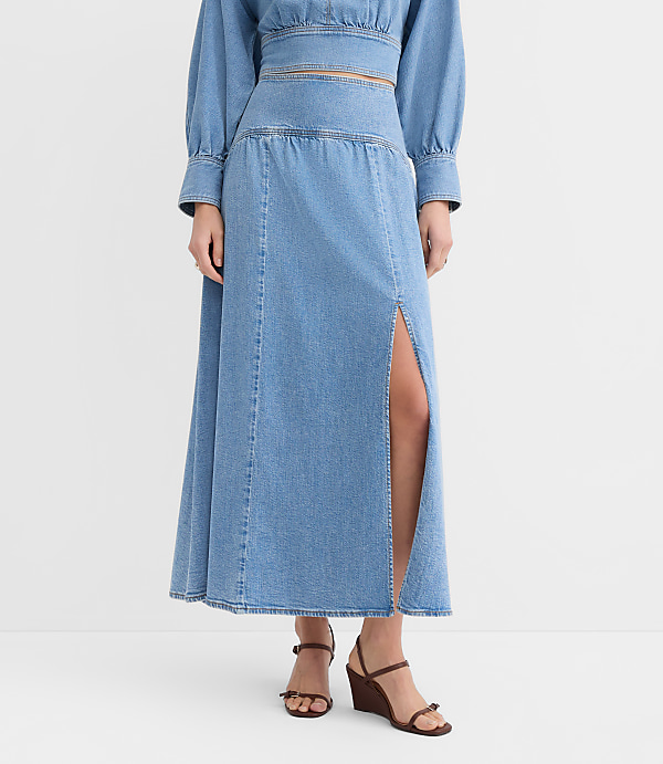 Petite Yoke Full Denim Maxi Skirt in Light Wash Indigo
