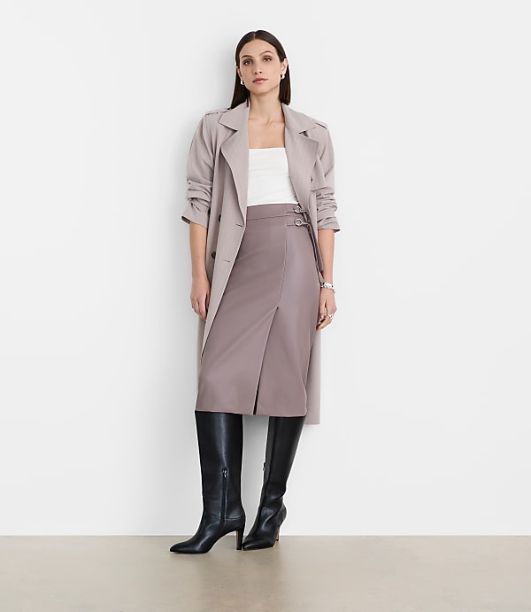 Petite LOFT Versa Faux Leather Buckle Trim Midi Skirt