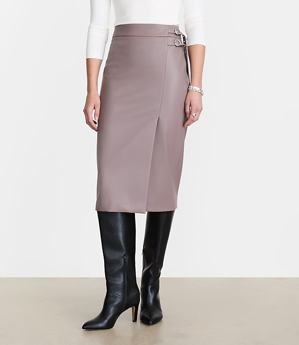 Petite LOFT Versa Faux Leather Buckle Trim Midi Skirt