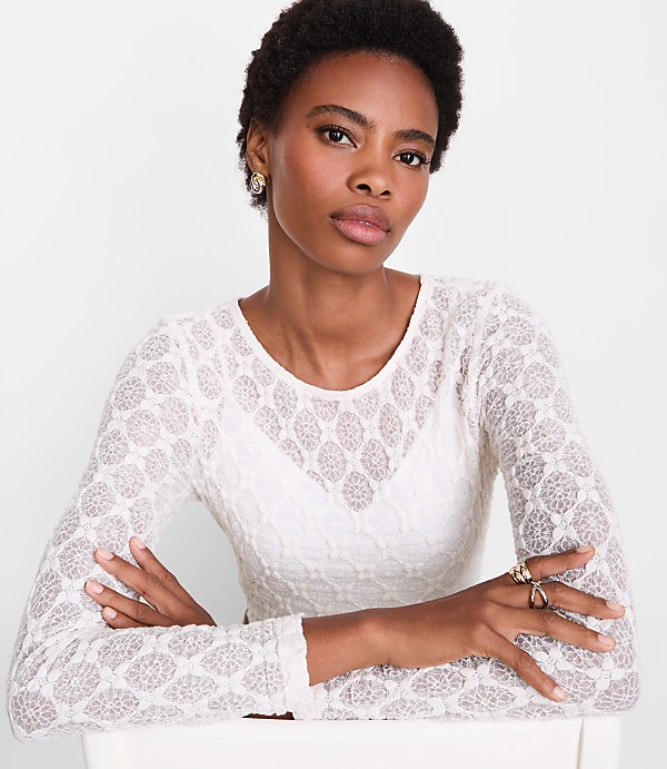 Petite LOFT Versa Geo Lace Long Sleeve Top