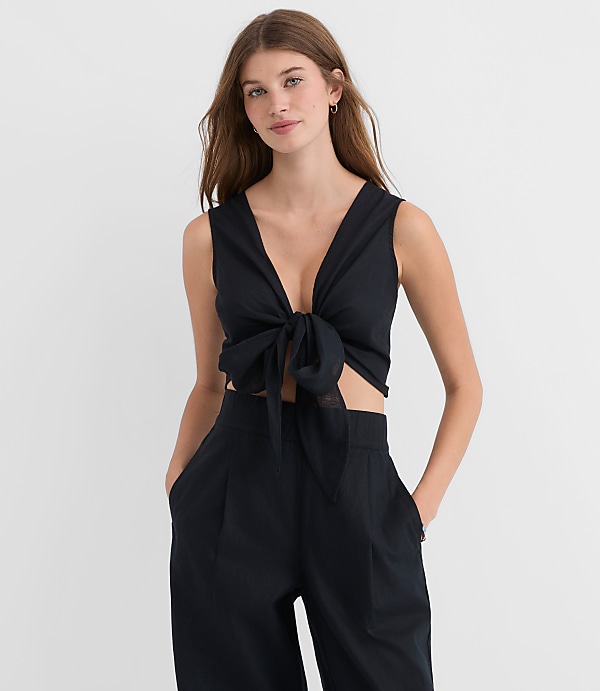Petite LOFT Beach Linen Cotton Tie Front Top