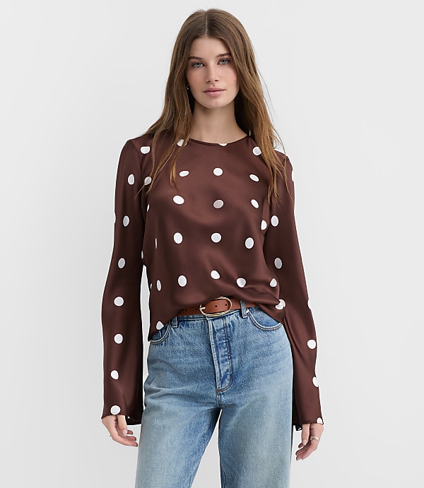 Petite Dotted Satin Bell Sleeve Top