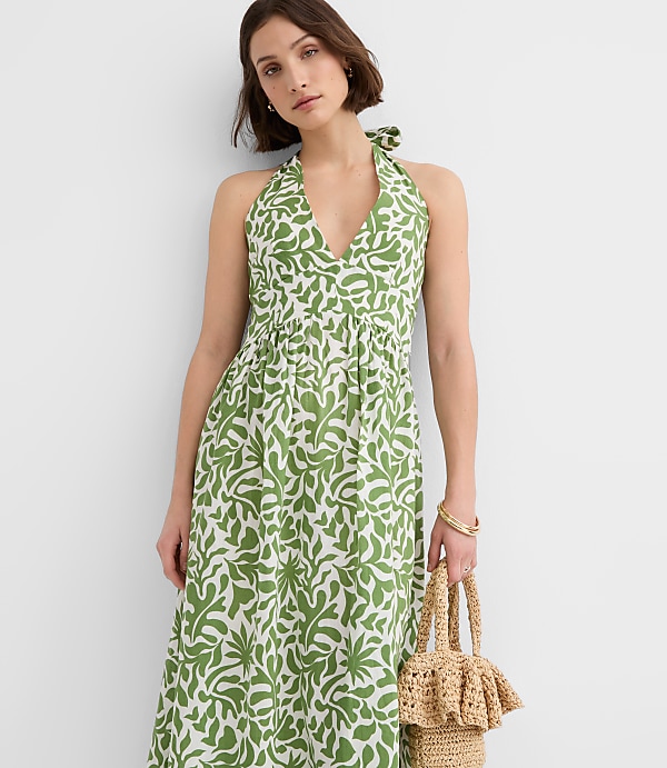 Petite LOFT Beach Palm Linen Cotton Halter Maxi Dress