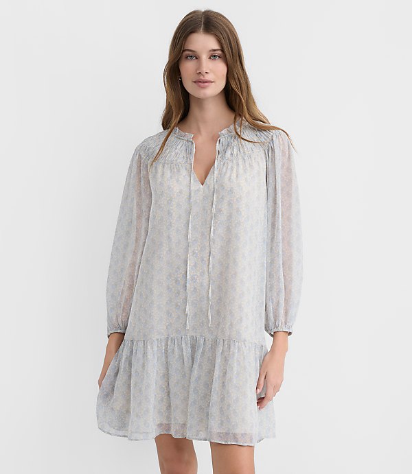 Petite Paisley Smocked Tie Neck Mini Dress