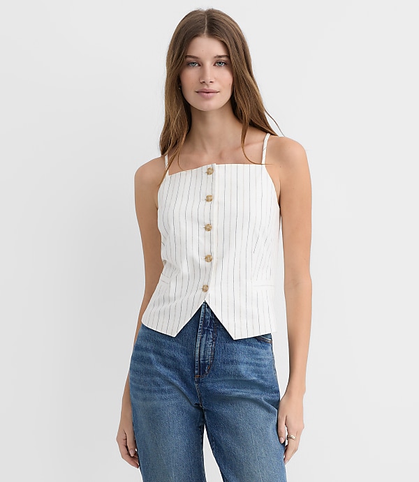 Petite Pinstripe Cotton Linen Strappy Vest Top