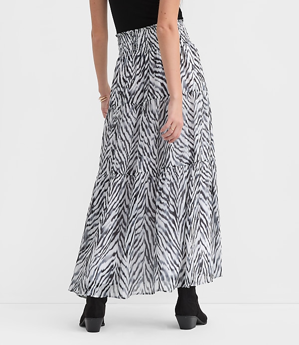 Petite Zebra Print Ruffle Smocked Maxi Skirt