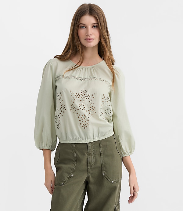 Petite Lace Trim Eyelet Blouse