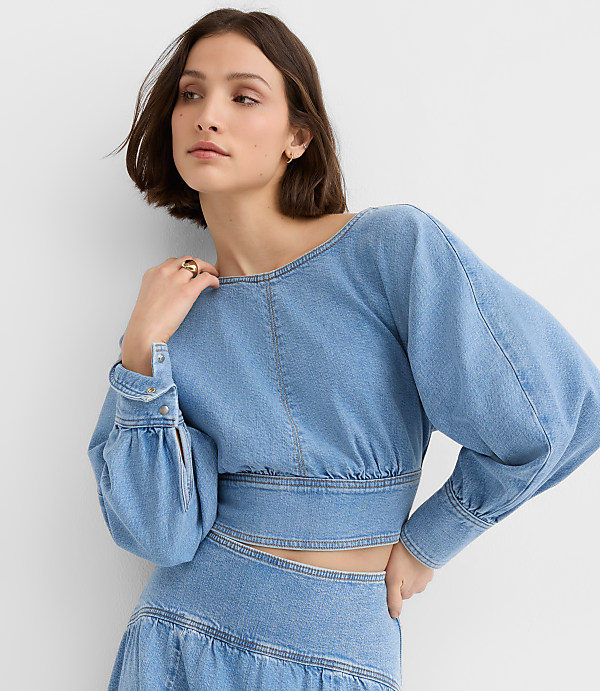 Petite Yoke Denim Blouse in Light Wash Indigo