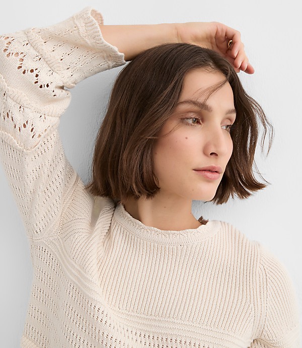 Petite Scalloped Pointelle Flare Sleeve Sweater