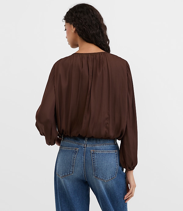 Petite Shirred Tie Neck Bubble Blouse