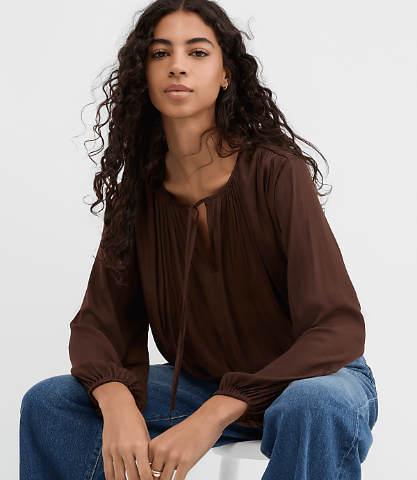 Petite Shirred Tie Neck Bubble Blouse