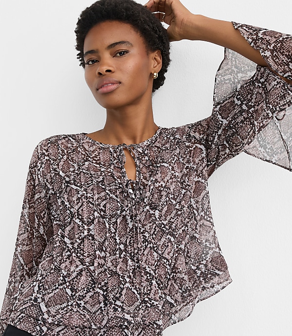 Snake Print Pintucked Bow Blouse