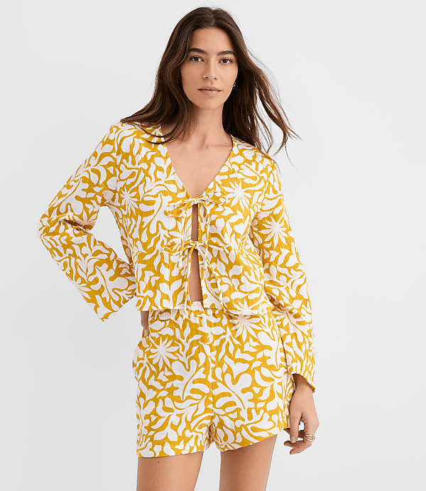 Petite LOFT Beach Palm Gauze Bow Tie Top