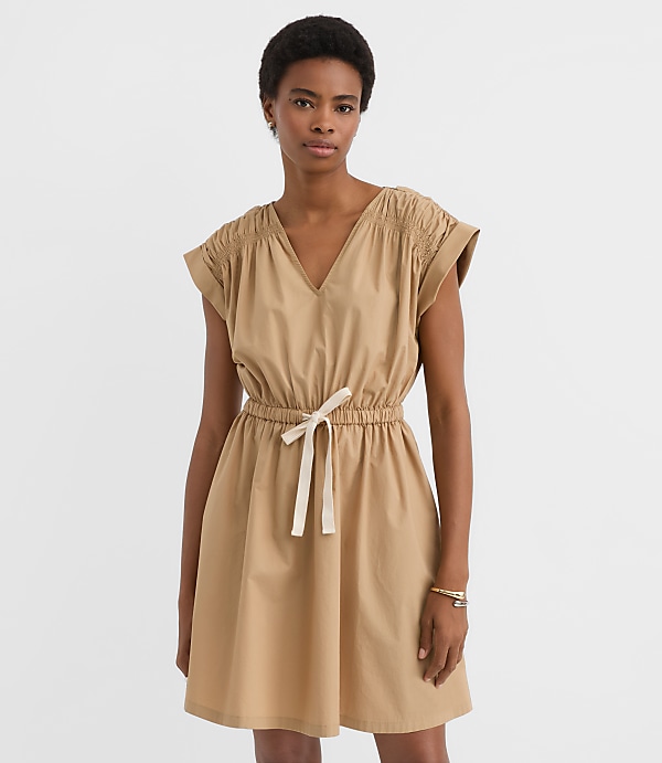 Petite Poplin Shirred Tie Waist Mini Dress