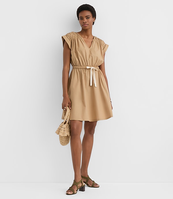 Petite Poplin Shirred Tie Waist Mini Dress
