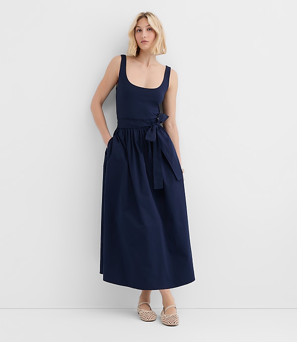 Petite Tie Waist Mixed Media Midi Pocket Dress
